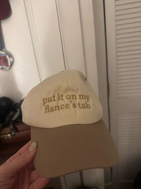 Beige & Tan Embroidered Baseball Cap "put it on my fiance's tab"